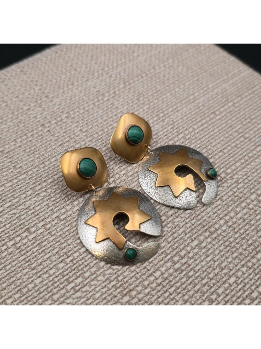 Sterling Silver & Brass Malachite Stone Sunburst Earrings A7359 - Picture 2 of 6